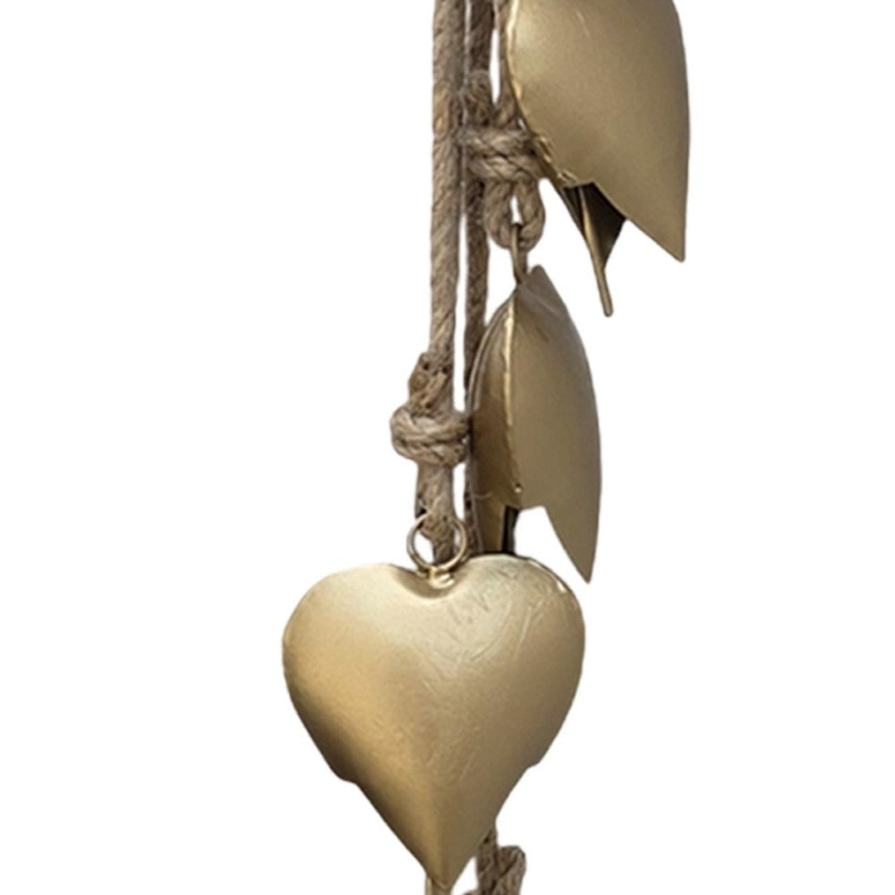 Zema 6 Heart Shape Iron Bells on 35 Inch Jute Hanging Rope Antique Gold Wall Decor - By The Urban Port UPT-332560