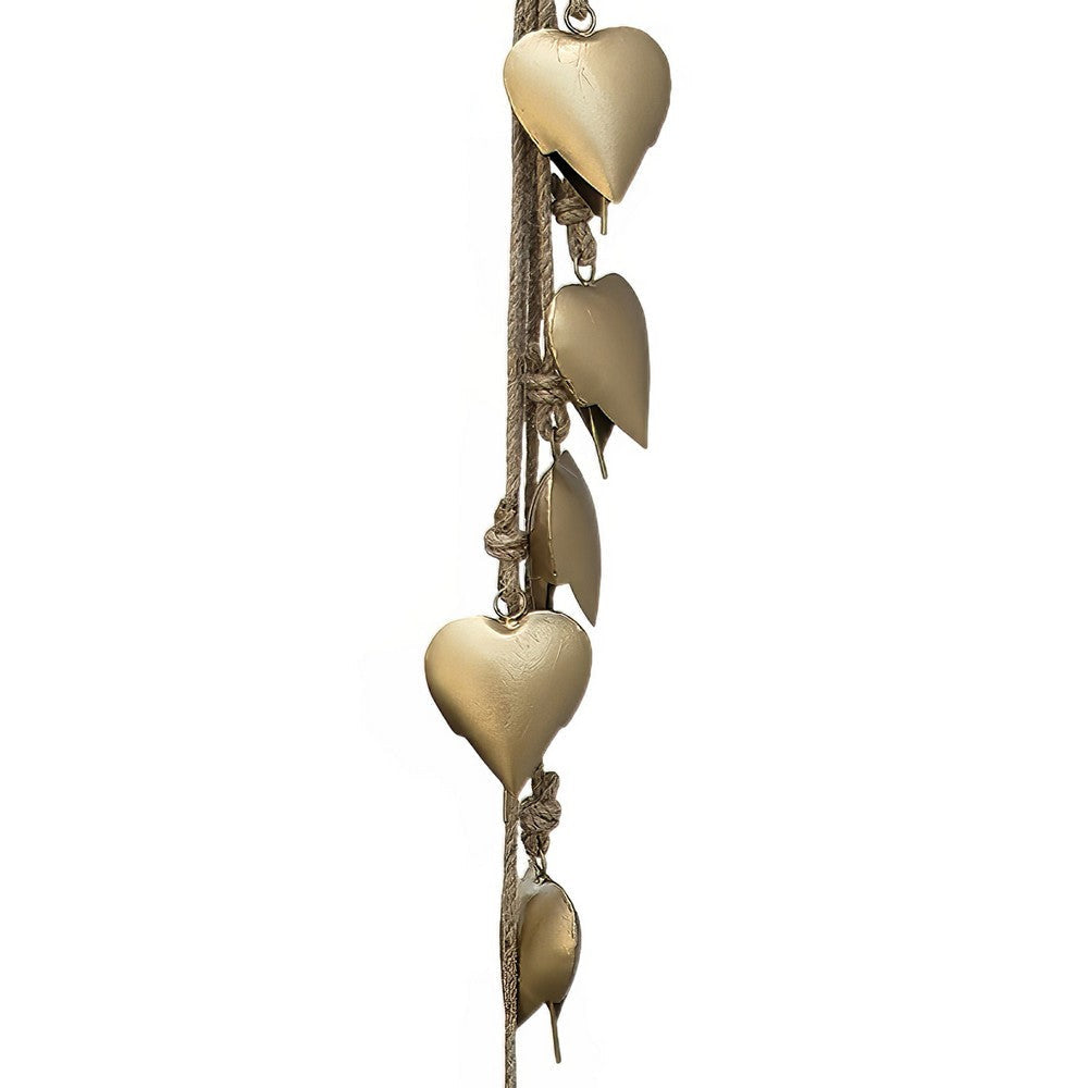 Zema 6 Heart Shape Iron Bells on 35 Inch Jute Hanging Rope Antique Gold Wall Decor - By The Urban Port UPT-332560