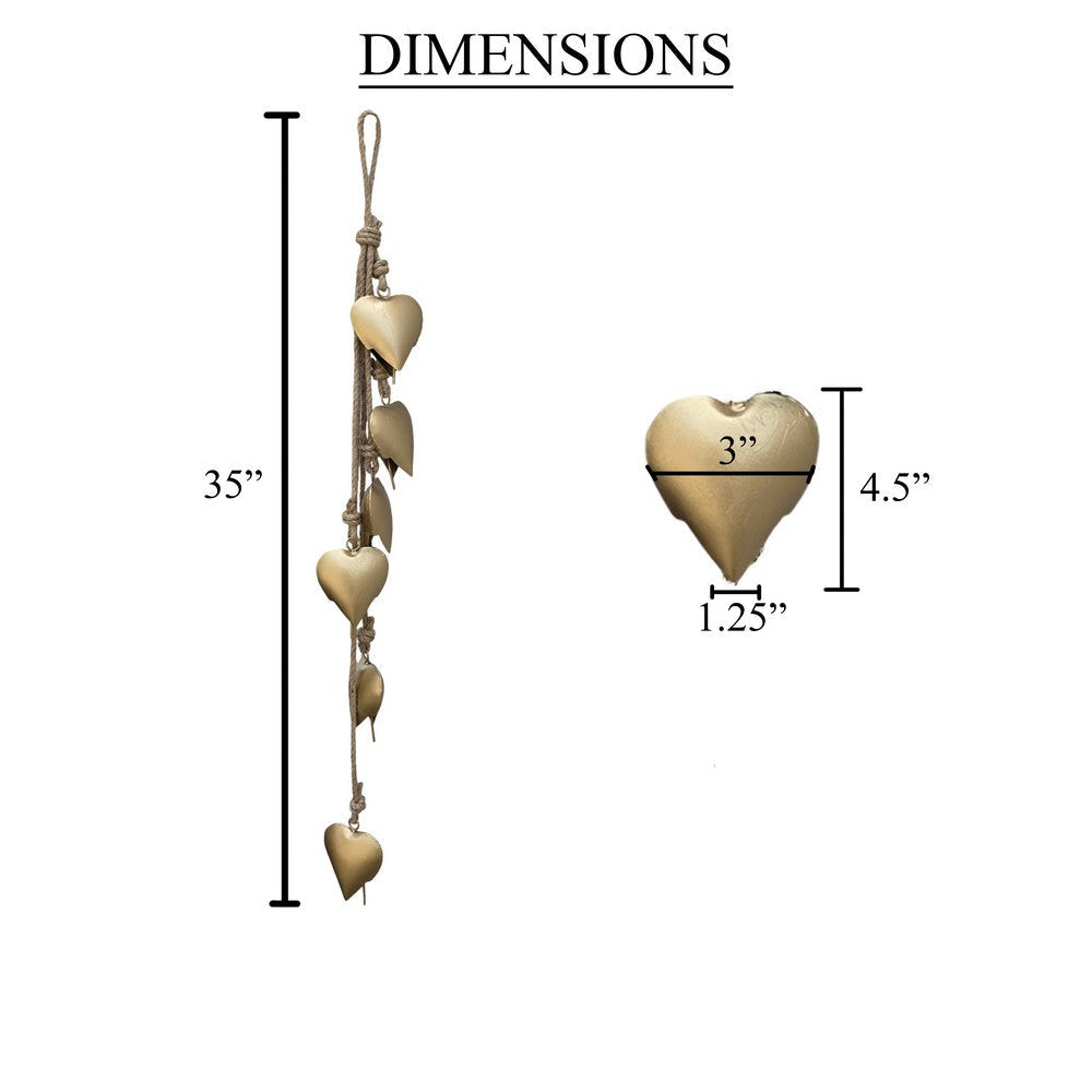 Zema 6 Heart Shape Iron Bells on 35 Inch Jute Hanging Rope Antique Gold Wall Decor - By The Urban Port UPT-332560