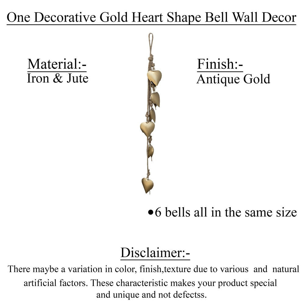 Zema 6 Heart Shape Iron Bells on 35 Inch Jute Hanging Rope Antique Gold Wall Decor - By The Urban Port UPT-332560