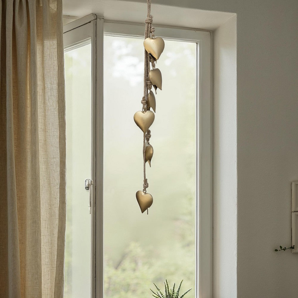 Zema 6 Heart Shape Iron Bells on 35 Inch Jute Hanging Rope Antique Gold Wall Decor - By The Urban Port UPT-332560