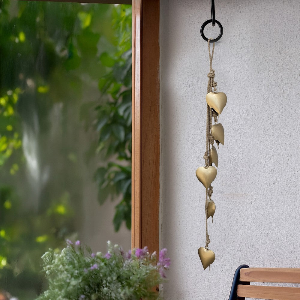 Zema 6 Heart Shape Iron Bells on 35 Inch Jute Hanging Rope Antique Gold Wall Decor - By The Urban Port UPT-332560