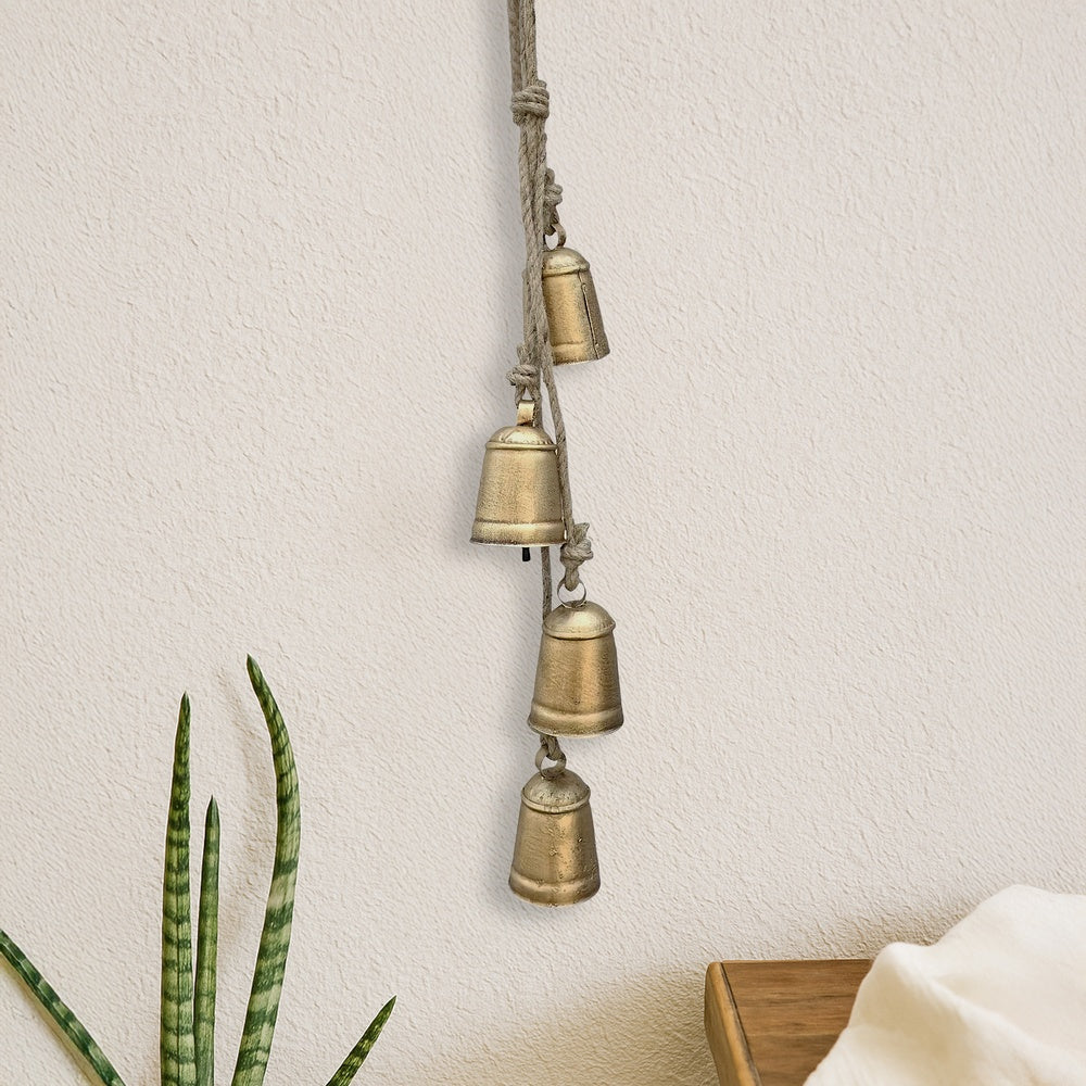 Zema Rustic Iron Hanging Bells Wall Decor, Cylindrical Cowbell on 28 Inch Jute Rope, Antique Gold By The Urban Port