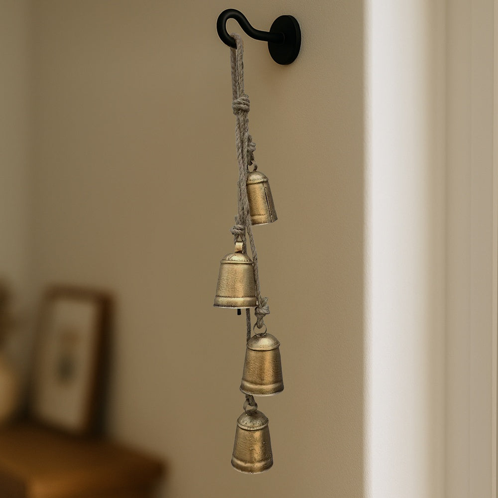 Zema Rustic Iron Hanging Bells Wall Decor, Cylindrical Cowbell on 28 Inch Jute Rope, Antique Gold By The Urban Port
