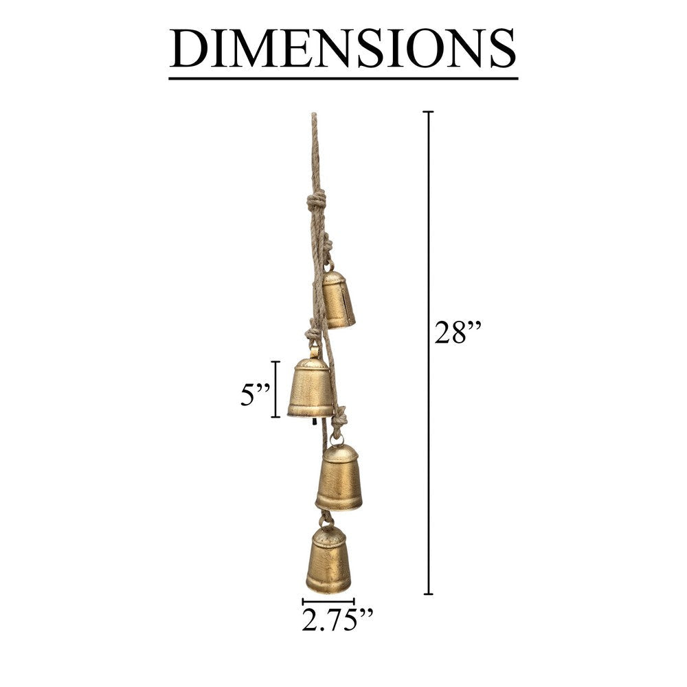 Zema Rustic Iron Hanging Bells Wall Decor Cylindrical Cowbell on 28 Inch Jute Rope Antique Gold By The Urban Port UPT-332561