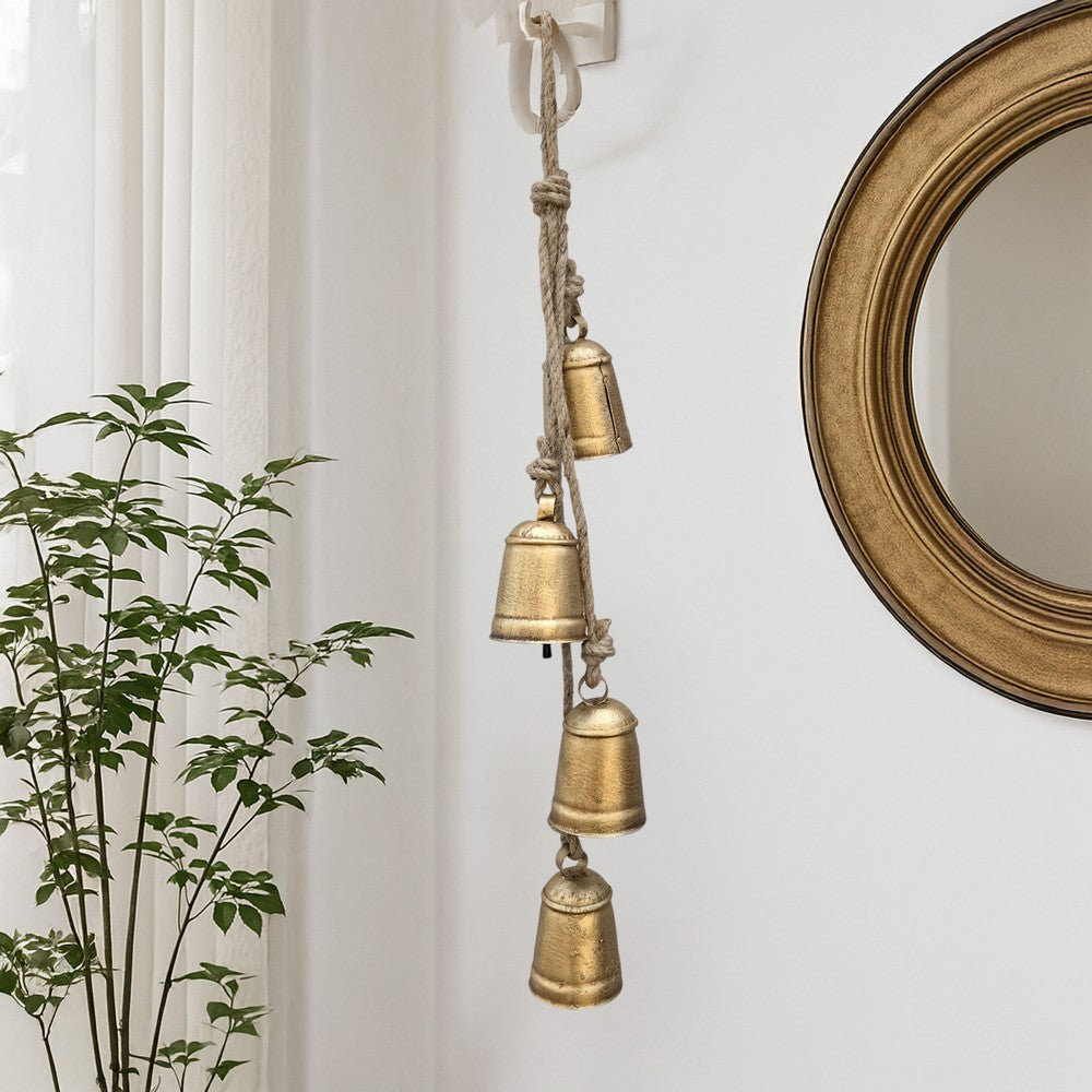 Zema Rustic Iron Hanging Bells Wall Decor Cylindrical Cowbell on 28 Inch Jute Rope Antique Gold By The Urban Port UPT-332561