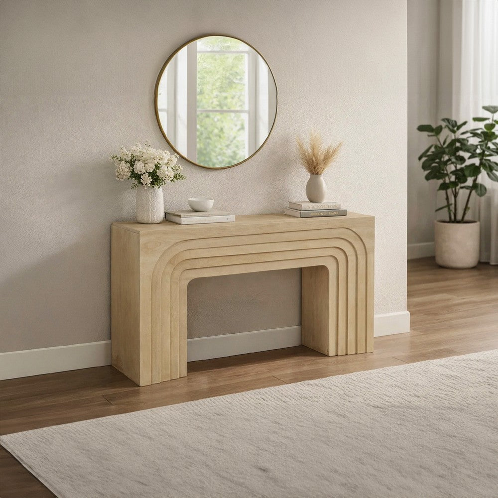 Kesna Console Sofa Table, 53 Inch Sculpted Arch, Light Beige Mango Wood By The Urban Port
