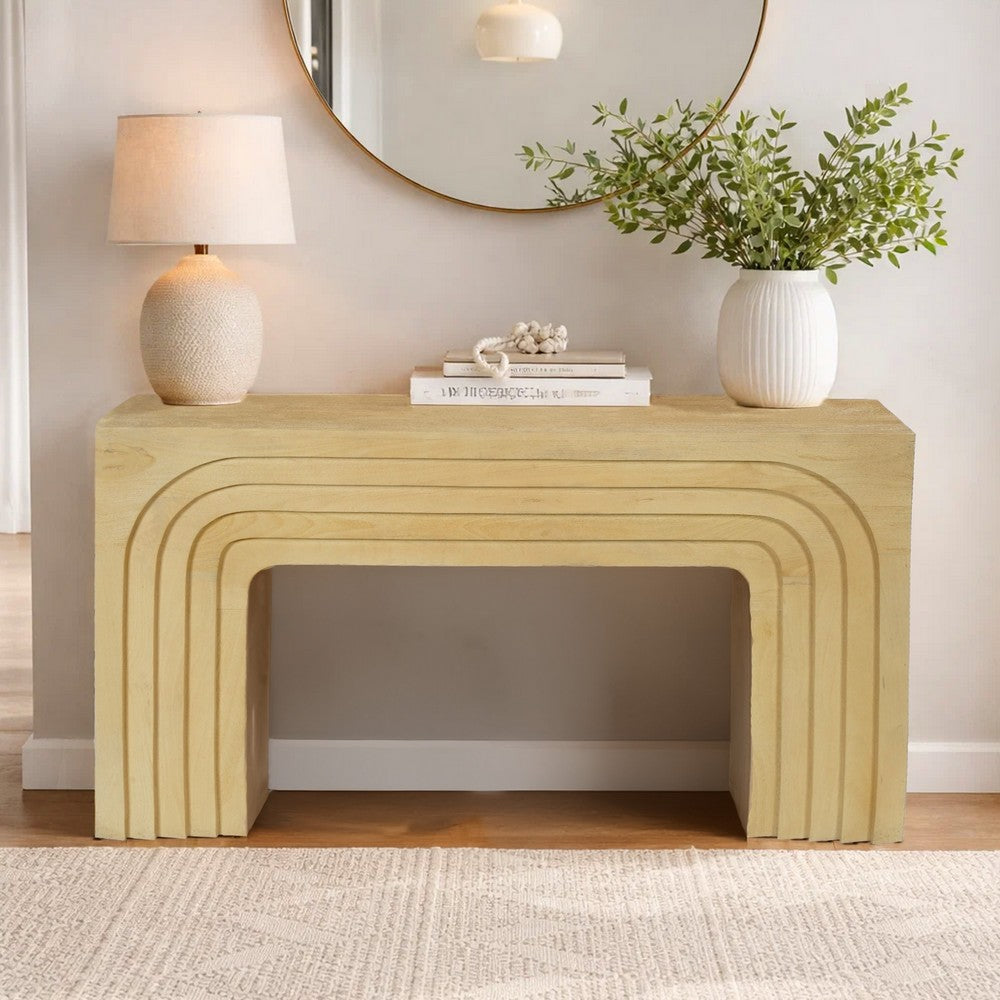 Kesna Console Sofa Table, 53 Inch Sculpted Arch, Light Beige Mango Wood By The Urban Port