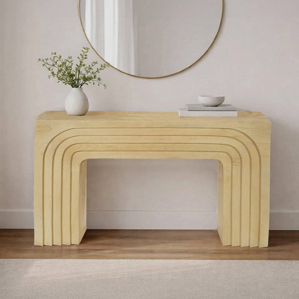 Kesna Console Sofa Table, 53 Inch Sculpted Arch, Light Beige Mango Wood By The Urban Port