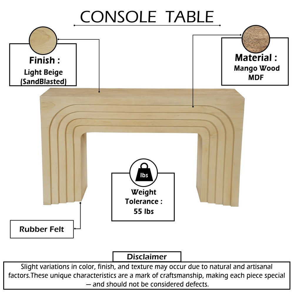 Kesna Console Sofa Table, 53 Inch Sculpted Arch, Light Beige Mango Wood By The Urban Port