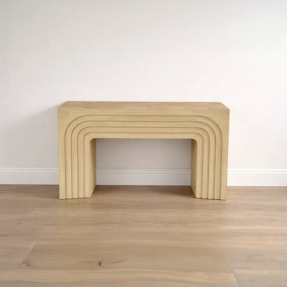 Kesna Console Sofa Table, 53 Inch Sculpted Arch, Light Beige Mango Wood By The Urban Port