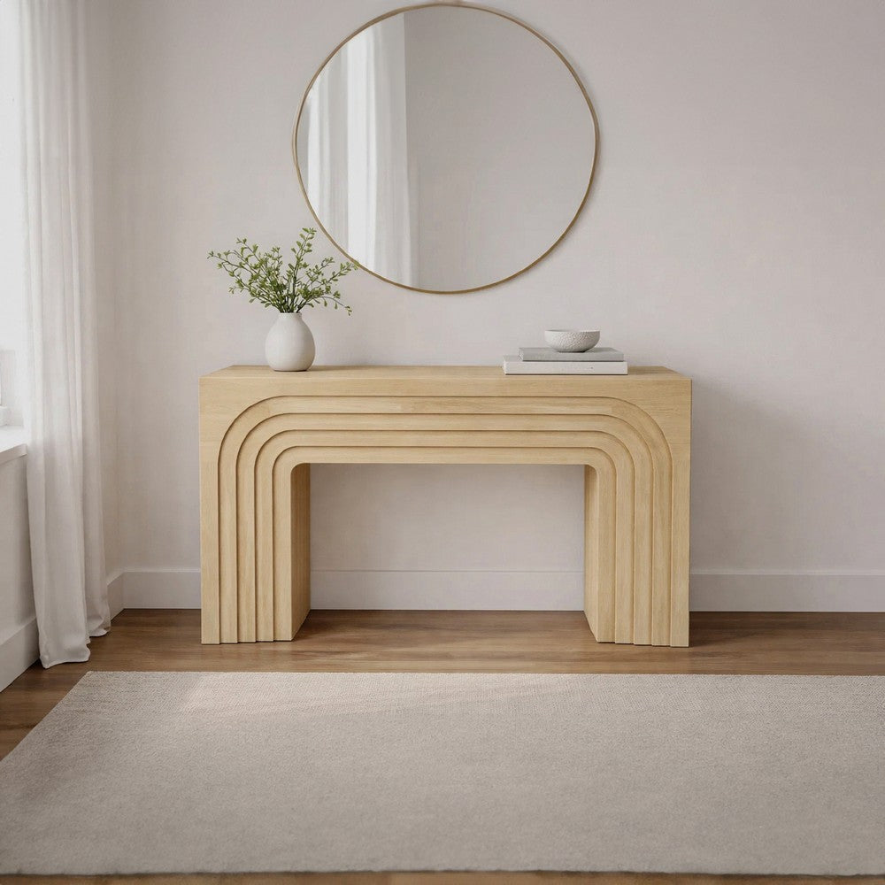 Kesna Console Sofa Table, 53 Inch Sculpted Arch, Light Beige Mango Wood By The Urban Port