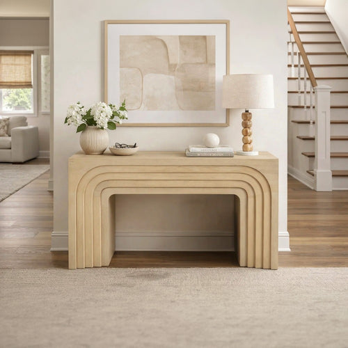 Kesna Console Sofa Table, 53 Inch Sculpted Arch, Light Beige Mango Wood By The Urban Port