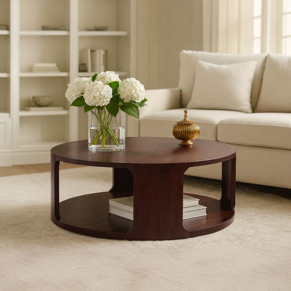 Bard Coffee Table, 38 Inch Round Top with Shelf, Walnut Brown Mango Wood Sculptural Frame By The Urban Port