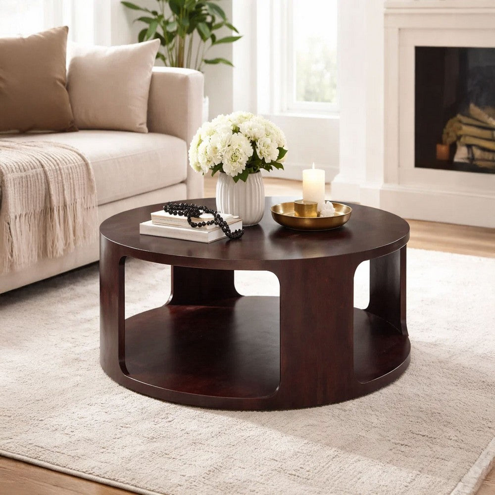 Bard Coffee Table, 38 Inch Round Top with Shelf, Walnut Brown Mango Wood Sculptural Frame By The Urban Port