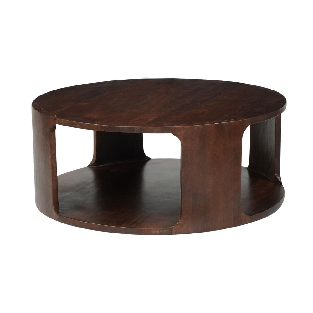 Bard Coffee Table, 38 Inch Round Top with Shelf, Walnut Brown Mango Wood Sculptural Frame By The Urban Port