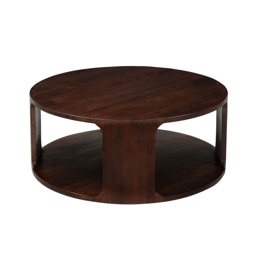 Bard Coffee Table, 38 Inch Round Top with Shelf, Walnut Brown Mango Wood Sculptural Frame By The Urban Port