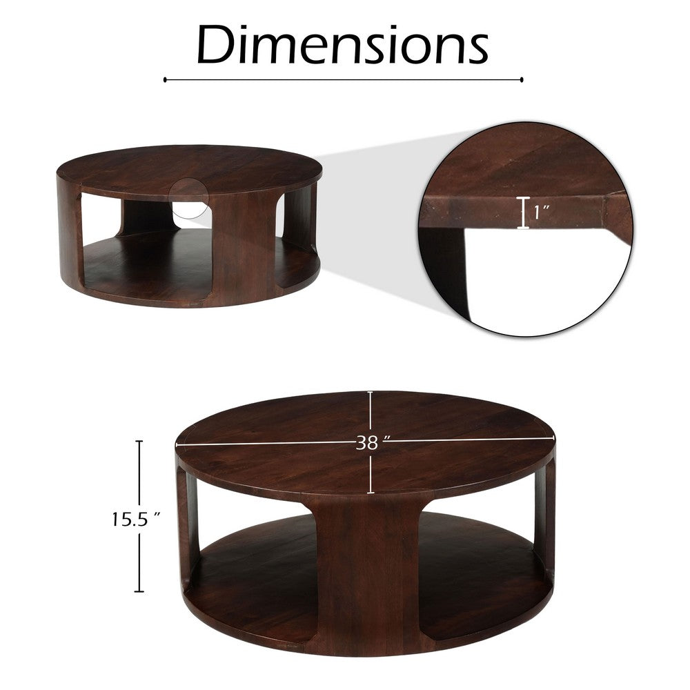 Bard Coffee Table, 38 Inch Round Top with Shelf, Walnut Brown Mango Wood Sculptural Frame By The Urban Port