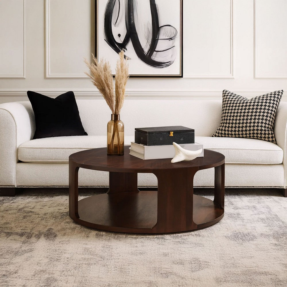 Bard Coffee Table, 38 Inch Round Top with Shelf, Walnut Brown Mango Wood Sculptural Frame By The Urban Port