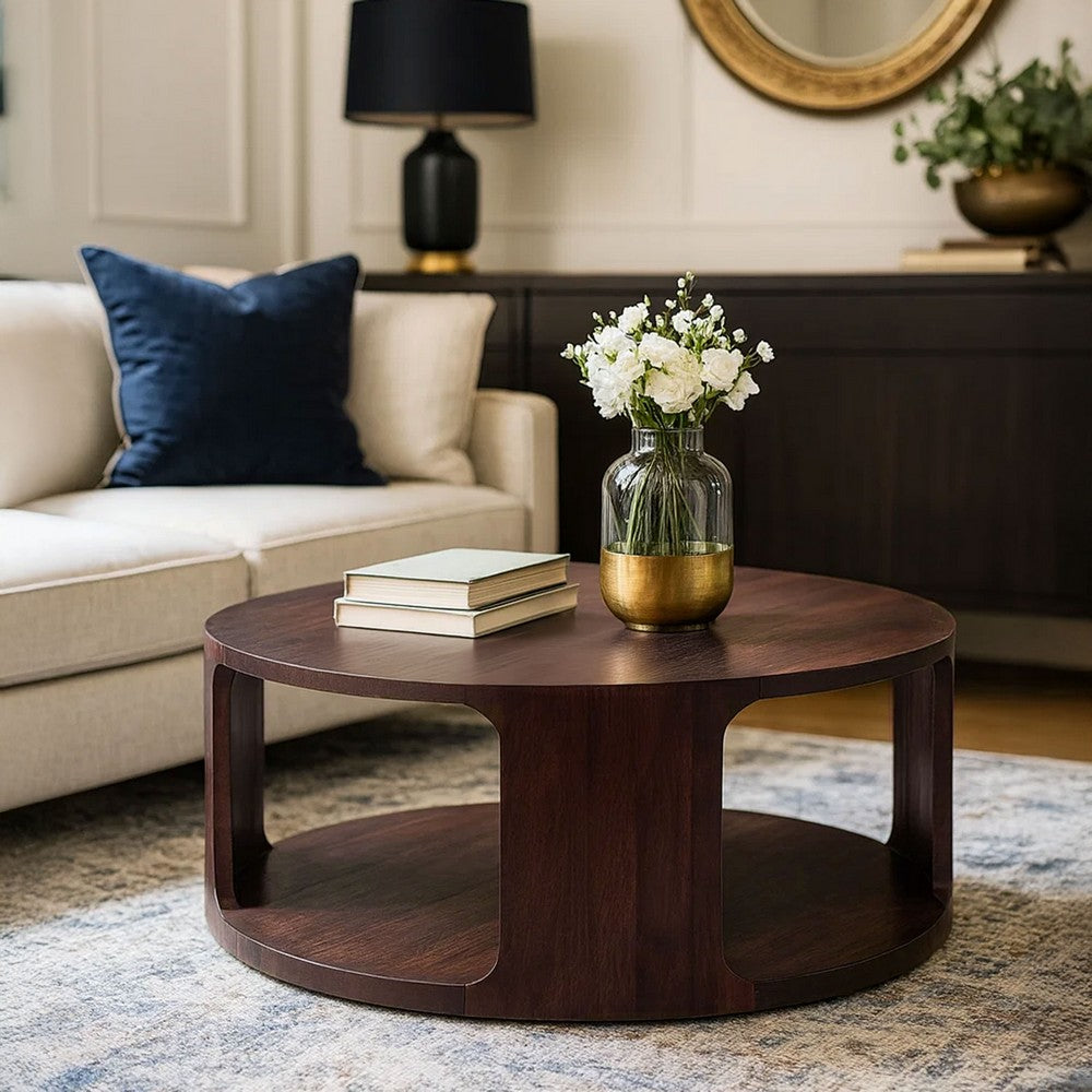 Bard Coffee Table, 38 Inch Round Top with Shelf, Walnut Brown Mango Wood Sculptural Frame By The Urban Port