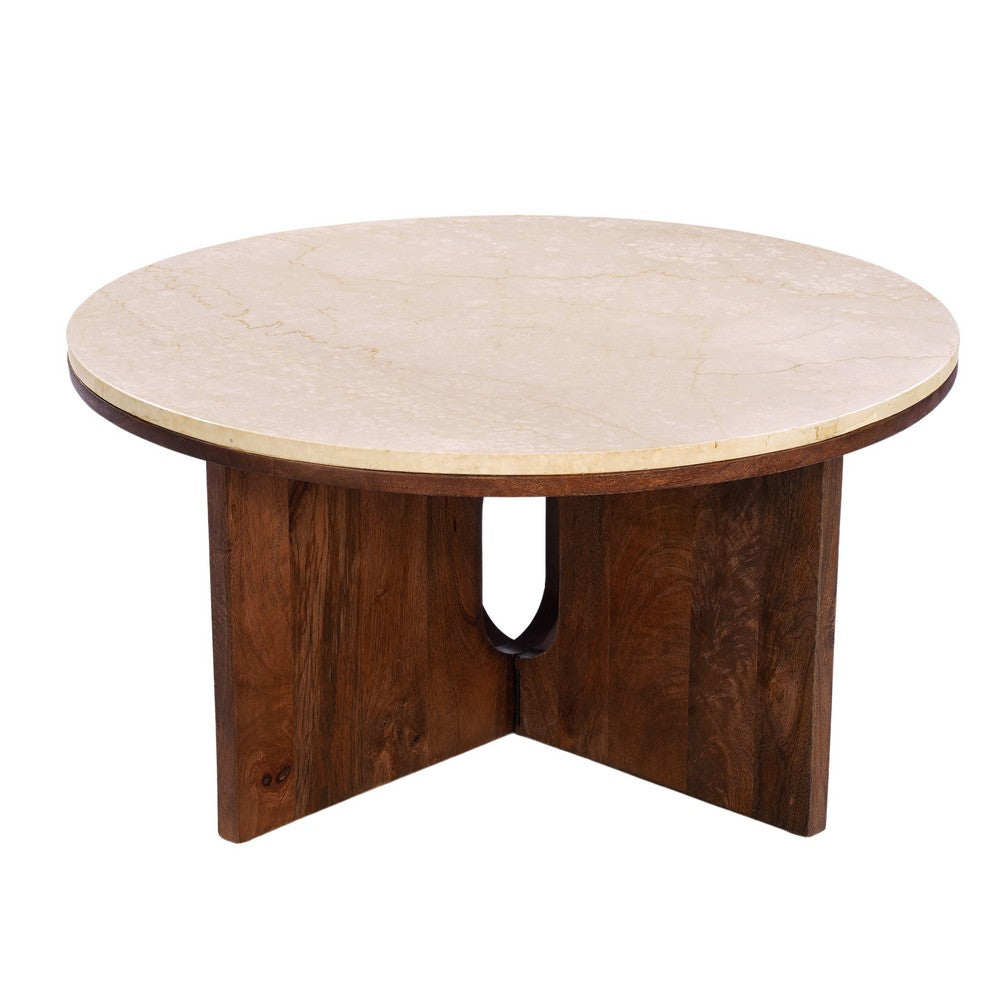 Kara Coffee Table, 29 Inch Round Botticino Marble Top, Brown Mango Wood 3 Panel Tripod Base By The Urban Port