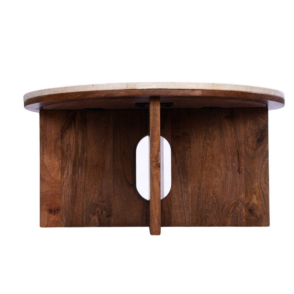 Kara Coffee Table, 29 Inch Round Botticino Marble Top, Brown Mango Wood 3 Panel Tripod Base By The Urban Port