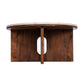 Kara Coffee Table, 29 Inch Round Botticino Marble Top, Brown Mango Wood 3 Panel Tripod Base By The Urban Port