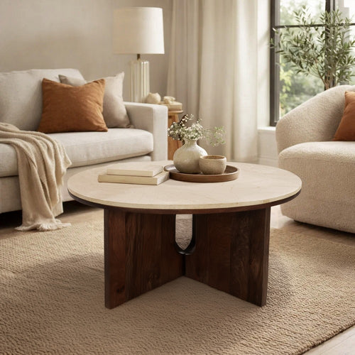 Kara Coffee Table, 29 Inch Round Botticino Marble Top, Brown Mango Wood 3 Panel Tripod Base By The Urban Port