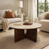 Kara Coffee Table, 29 Inch Round Botticino Marble Top, Brown Mango Wood 3 Panel Tripod Base By The Urban Port