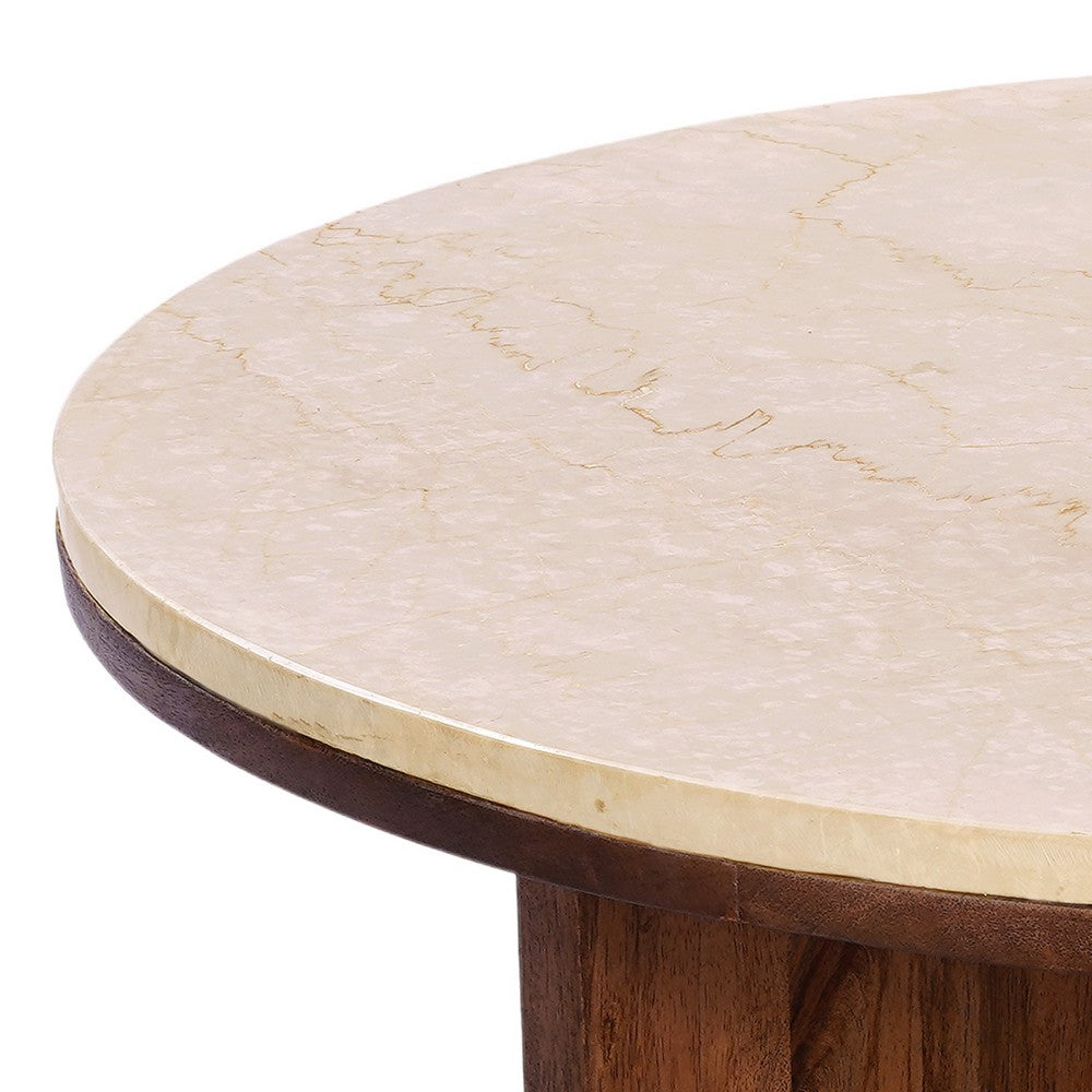 Kara Coffee Table, 29 Inch Round Botticino Marble Top, Brown Mango Wood 3 Panel Tripod Base By The Urban Port