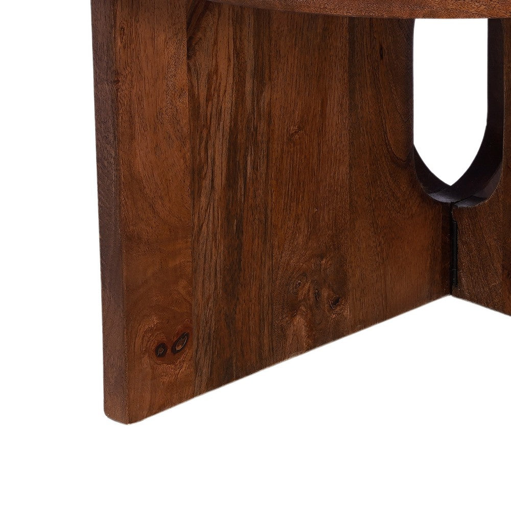 Kara Coffee Table, 29 Inch Round Botticino Marble Top, Brown Mango Wood 3 Panel Tripod Base By The Urban Port