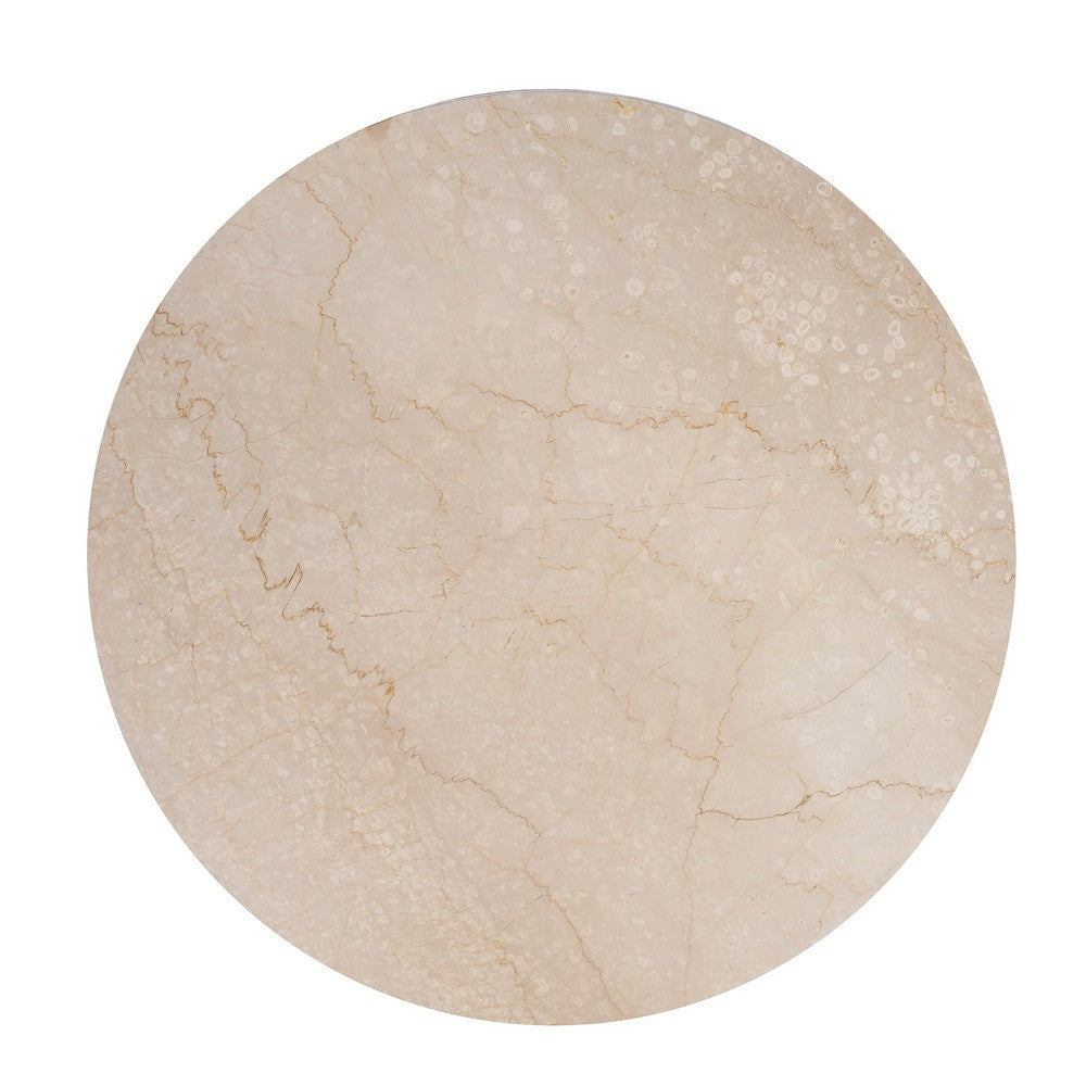 Kara Coffee Table, 29 Inch Round Botticino Marble Top, Brown Mango Wood 3 Panel Tripod Base By The Urban Port