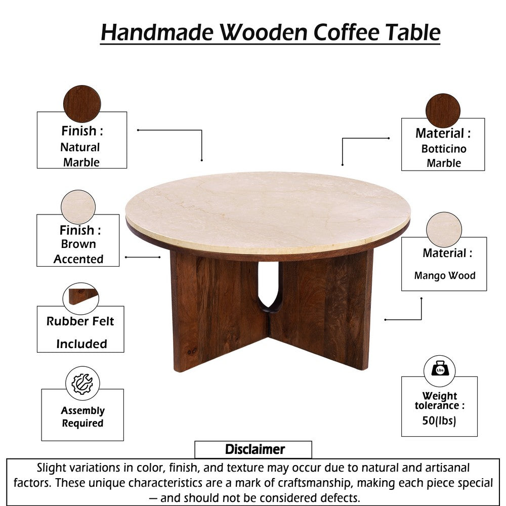 Kara Coffee Table, 29 Inch Round Botticino Marble Top, Brown Mango Wood 3 Panel Tripod Base By The Urban Port
