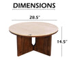 Kara Coffee Table, 29 Inch Round Botticino Marble Top, Brown Mango Wood 3 Panel Tripod Base By The Urban Port