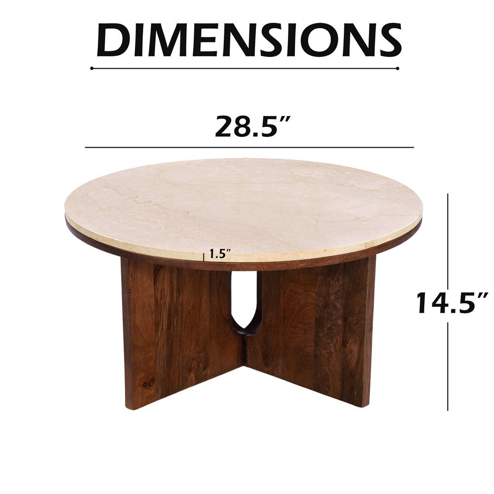 Kara Coffee Table, 29 Inch Round Botticino Marble Top, Brown Mango Wood 3 Panel Tripod Base By The Urban Port