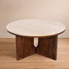 Kara Coffee Table, 29 Inch Round Botticino Marble Top, Brown Mango Wood 3 Panel Tripod Base By The Urban Port