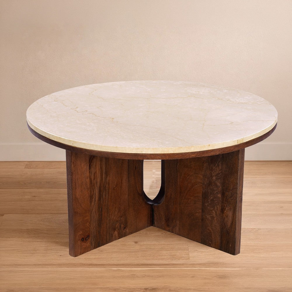Kara Coffee Table, 29 Inch Round Botticino Marble Top, Brown Mango Wood 3 Panel Tripod Base By The Urban Port
