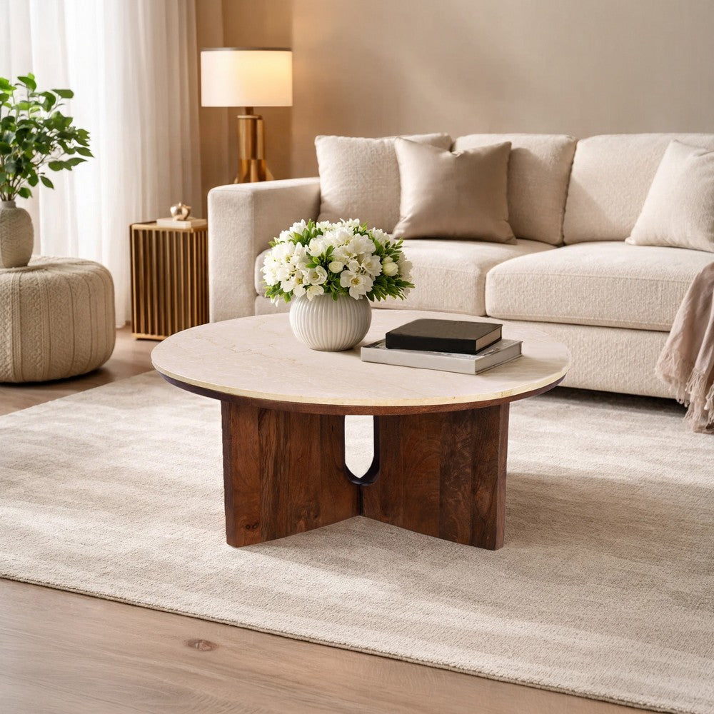 Kara Coffee Table, 29 Inch Round Botticino Marble Top, Brown Mango Wood 3 Panel Tripod Base By The Urban Port