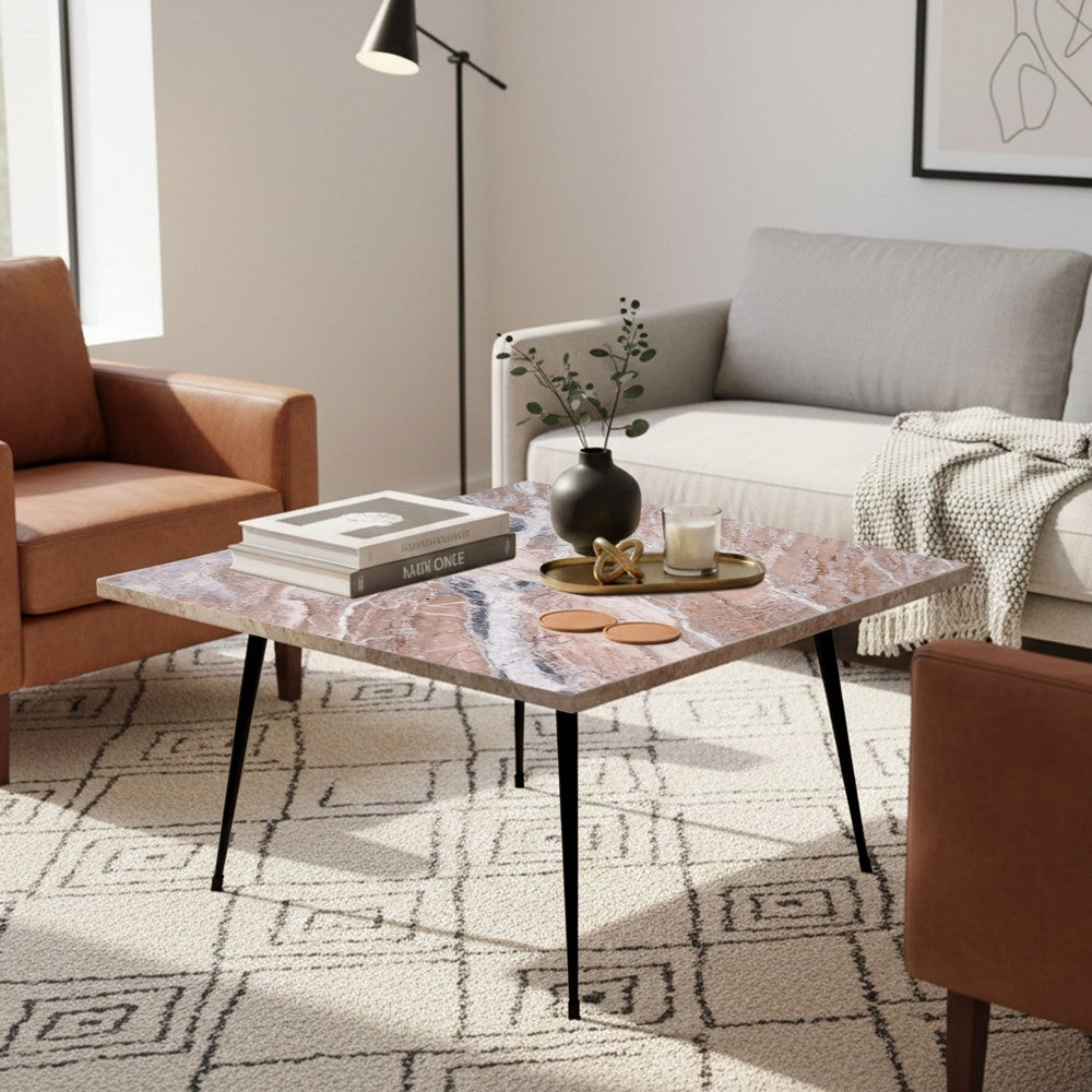 Taro Cocktail Table | 24 Inch Square Taupe Brown Marble Top | Indoor & Outdoor Patio Table | Black Metal Legs By The Urban Port