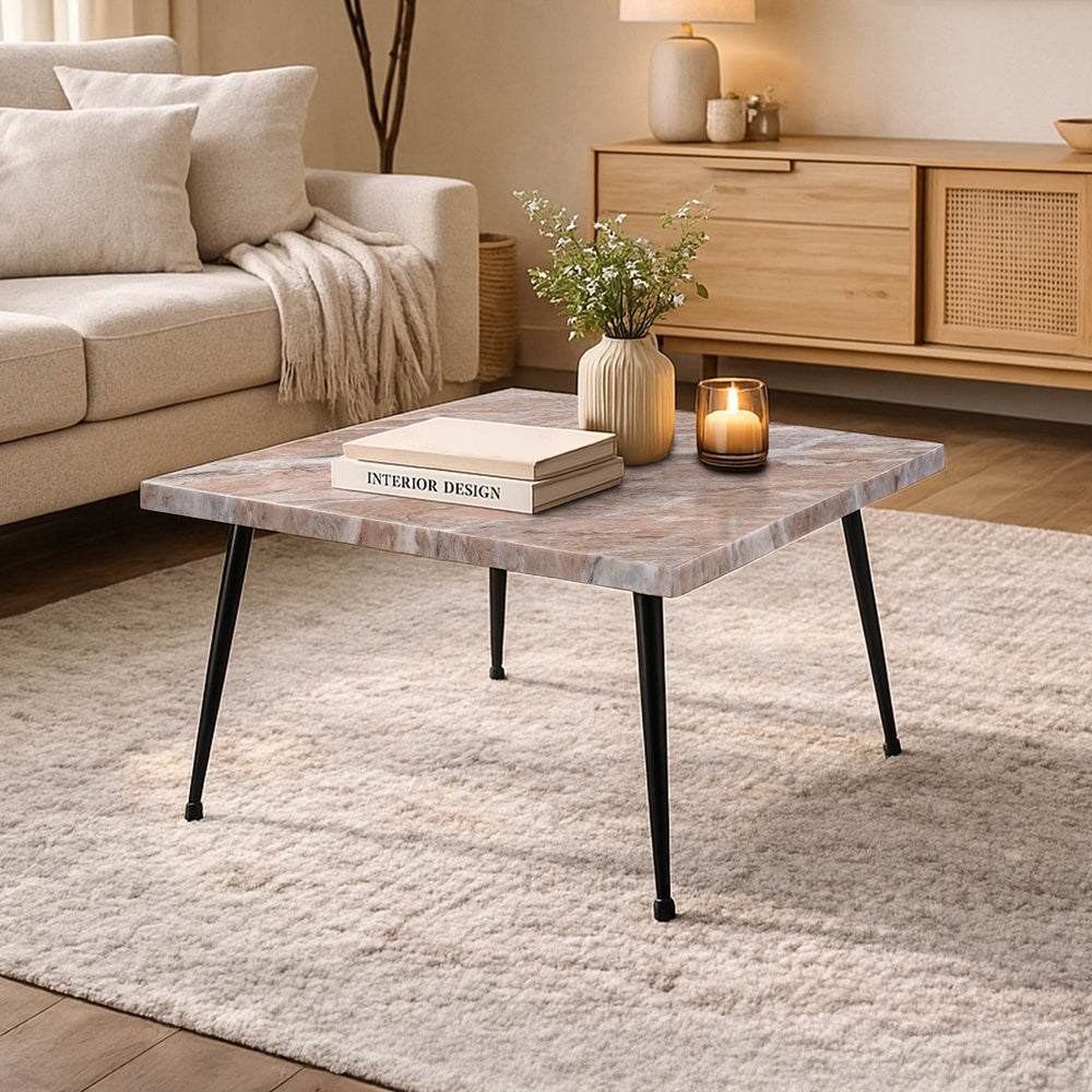 Taro Coffee Table | 24 Inch Square Taupe Brown Real Marble Top | Black Metal Legs By The Urban Port