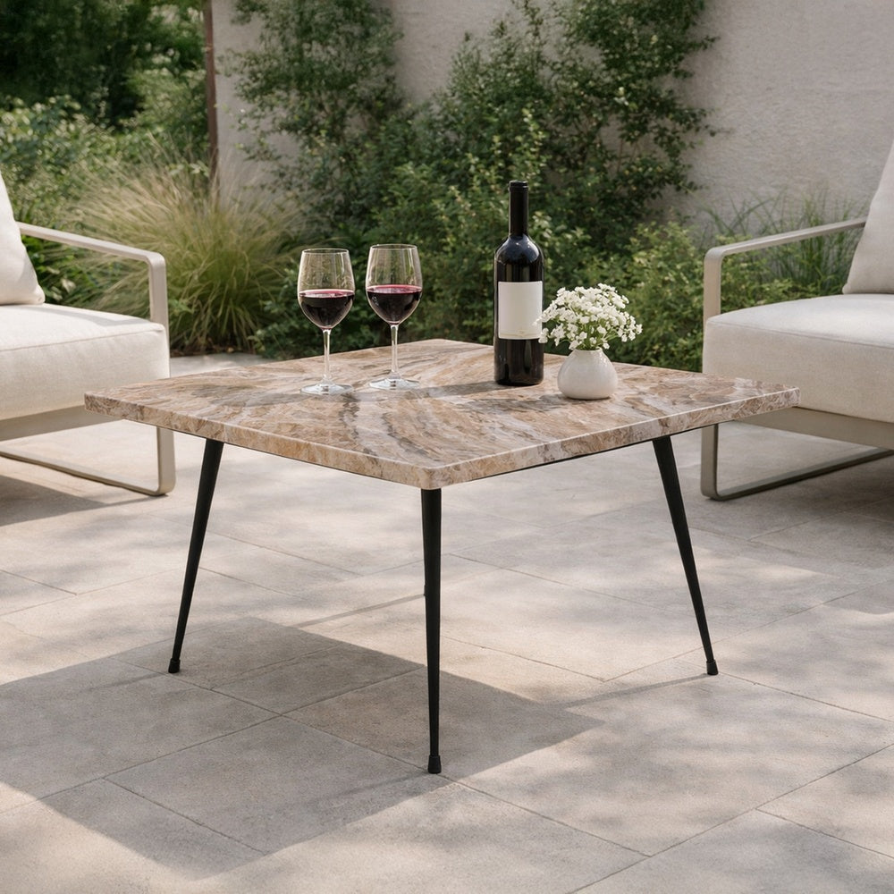 Taro Coffee Table | 24 Inch Square Taupe Brown Real Marble Top | Black Metal Legs By The Urban Port