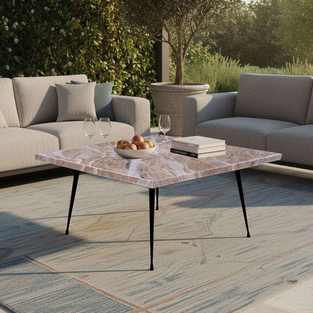 Taro Cocktail Table | 24 Inch Square Taupe Brown Marble Top | Indoor & Outdoor Patio Table | Black Metal Legs By The Urban Port