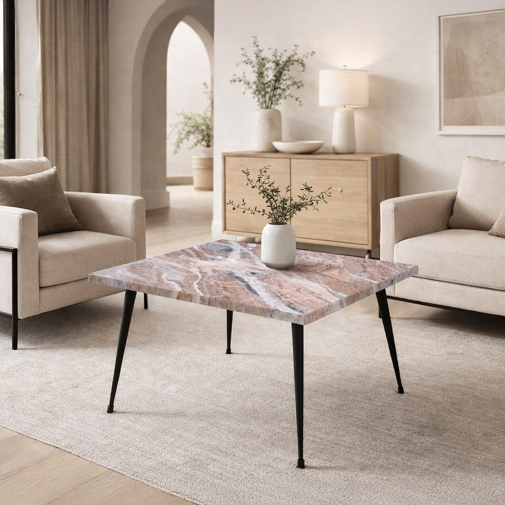 Taro Cocktail Table | 24 Inch Square Taupe Brown Marble Top | Indoor & Outdoor Patio Table | Black Metal Legs By The Urban Port