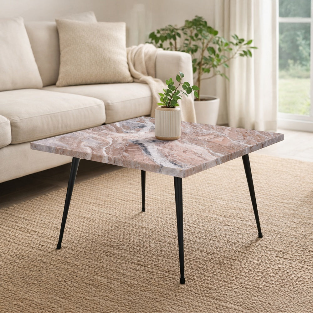 Taro Coffee Table | 24 Inch Square Taupe Brown Real Marble Top | Black Metal Legs By The Urban Port