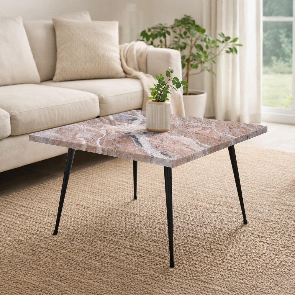 Taro Cocktail Table | 24 Inch Square Taupe Brown Marble Top | Indoor & Outdoor Patio Table | Black Metal Legs By The Urban Port