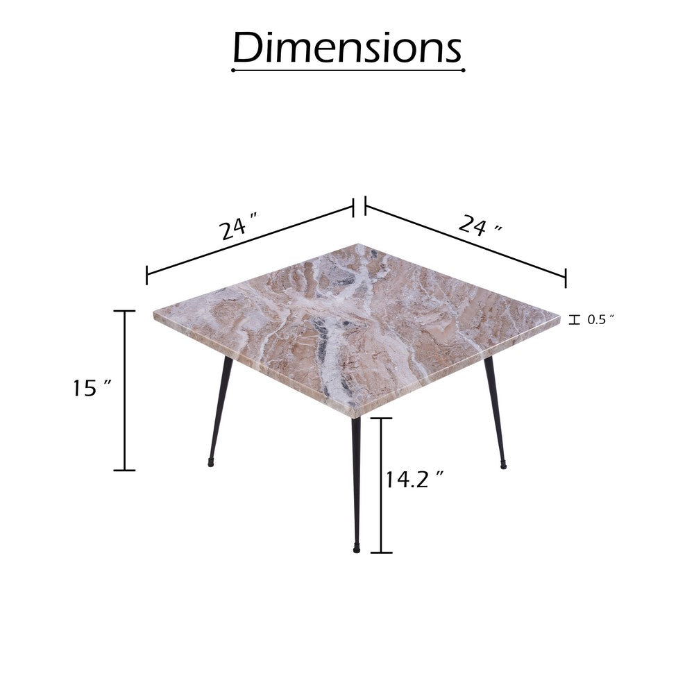 Taro Coffee Table | 24 Inch Square Taupe Brown Real Marble Top | Black Metal Legs By The Urban Port