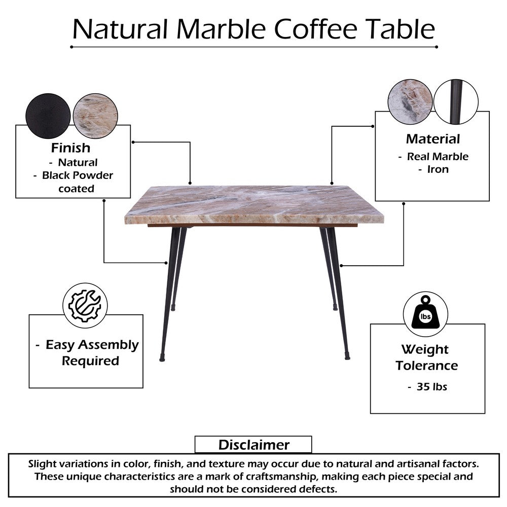 Taro Cocktail Table | 24 Inch Square Taupe Brown Marble Top | Indoor & Outdoor Patio Table | Black Metal Legs By The Urban Port