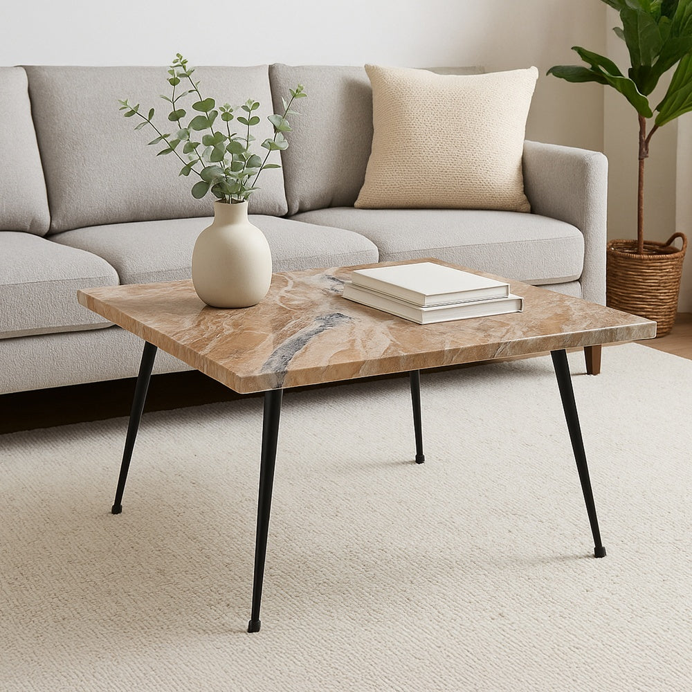 Taro Coffee Table | 24 Inch Square Taupe Brown Real Marble Top | Black Metal Legs By The Urban Port