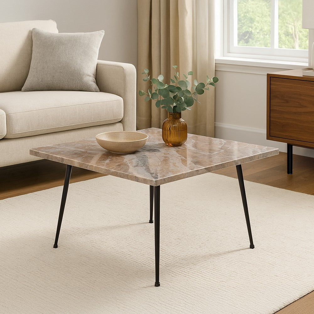 Taro Cocktail Table | 24 Inch Square Taupe Brown Marble Top | Indoor & Outdoor Patio Table | Black Metal Legs By The Urban Port