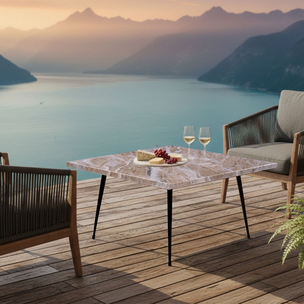 Taro Cocktail Table | 24 Inch Square Taupe Brown Marble Top | Indoor & Outdoor Patio Table | Black Metal Legs By The Urban Port